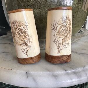 Scrimshaw African Lion Bone & Wood Salt & Pepper Shakers